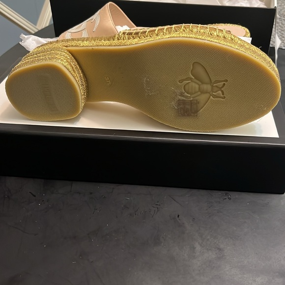 Gucci GG Espadrille Slide Sandals Pink & Gold EU 37,5  Block Heel Logo Emerald